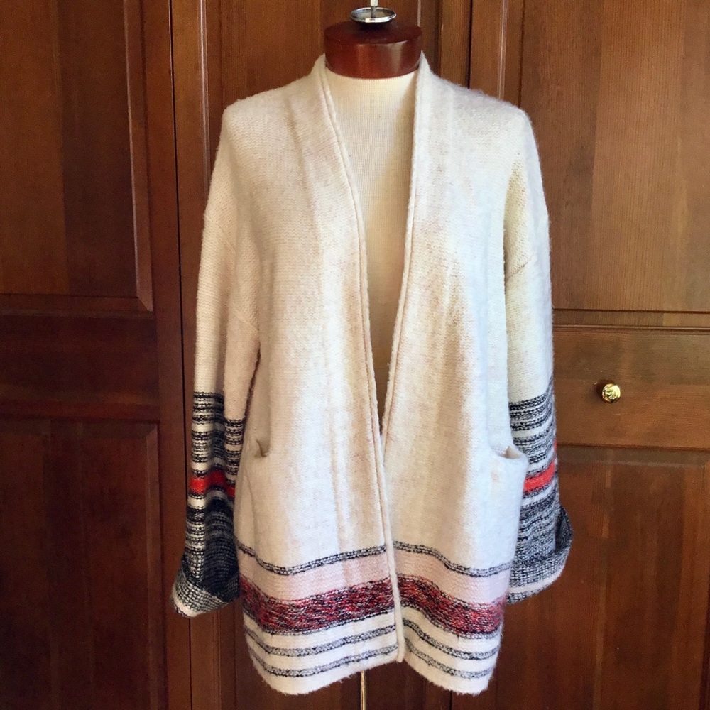 Caslon Knit Open Front Longline Oversized Cardigan Sweater Wool Mohair Striped